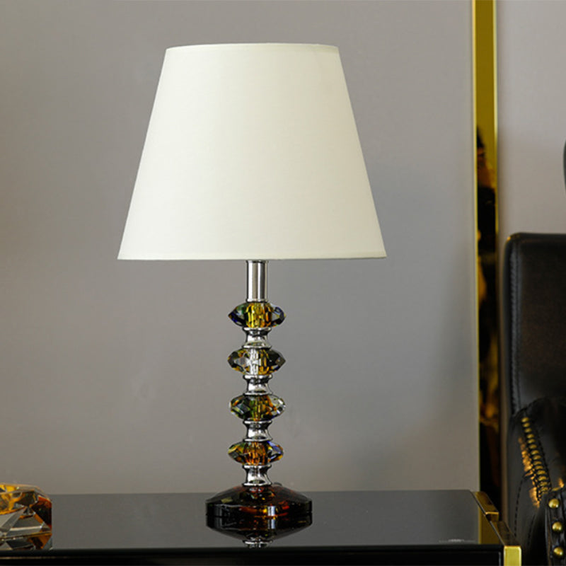 Modern Crystal Table Lamp With Tapered Fabric Shade - Perfect For Bedroom Nightstands White