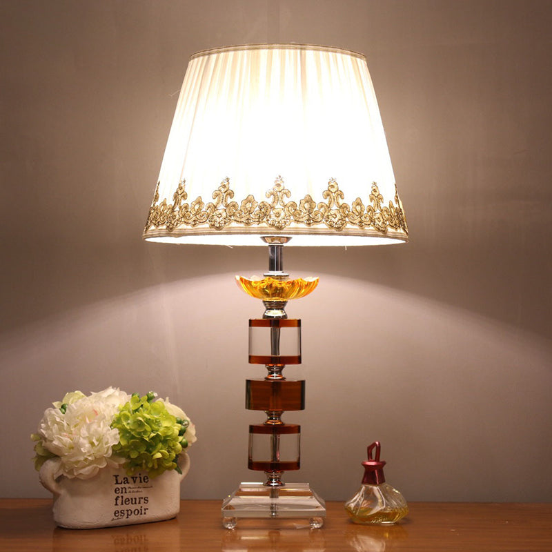 Modern Beige Bedroom Nightstand Lamp With Crystal Rectangle-Cut Design