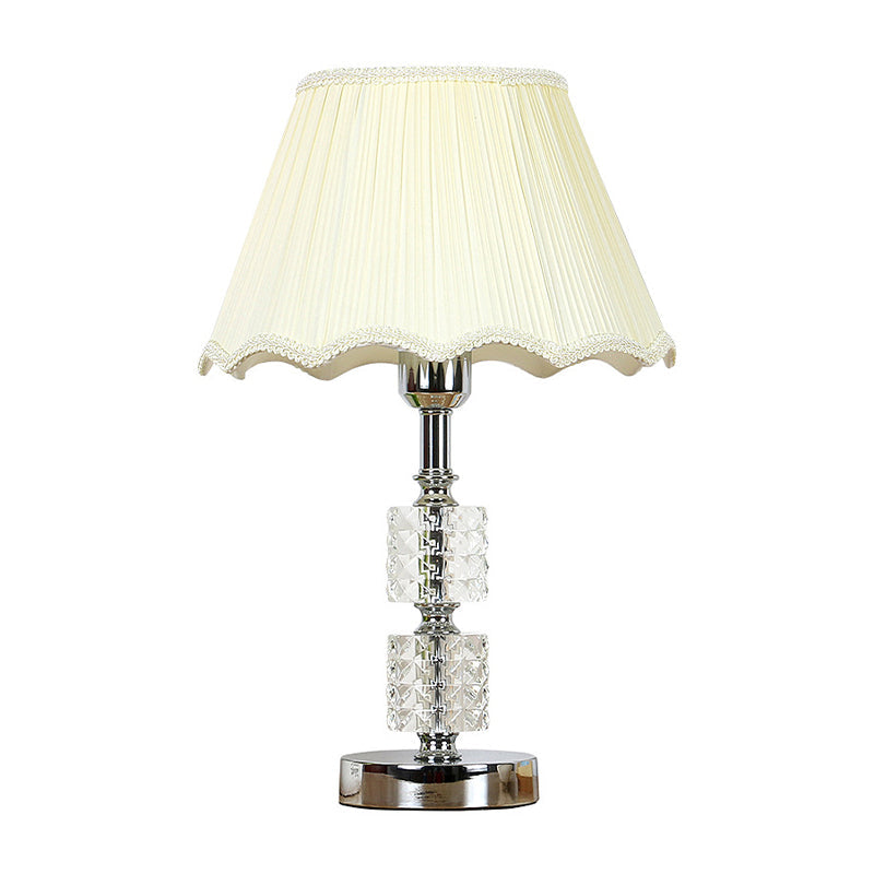 Modern Beige Crystal Night Lamp With Fabric Shade - 1-Bulb Nightstand Lighting