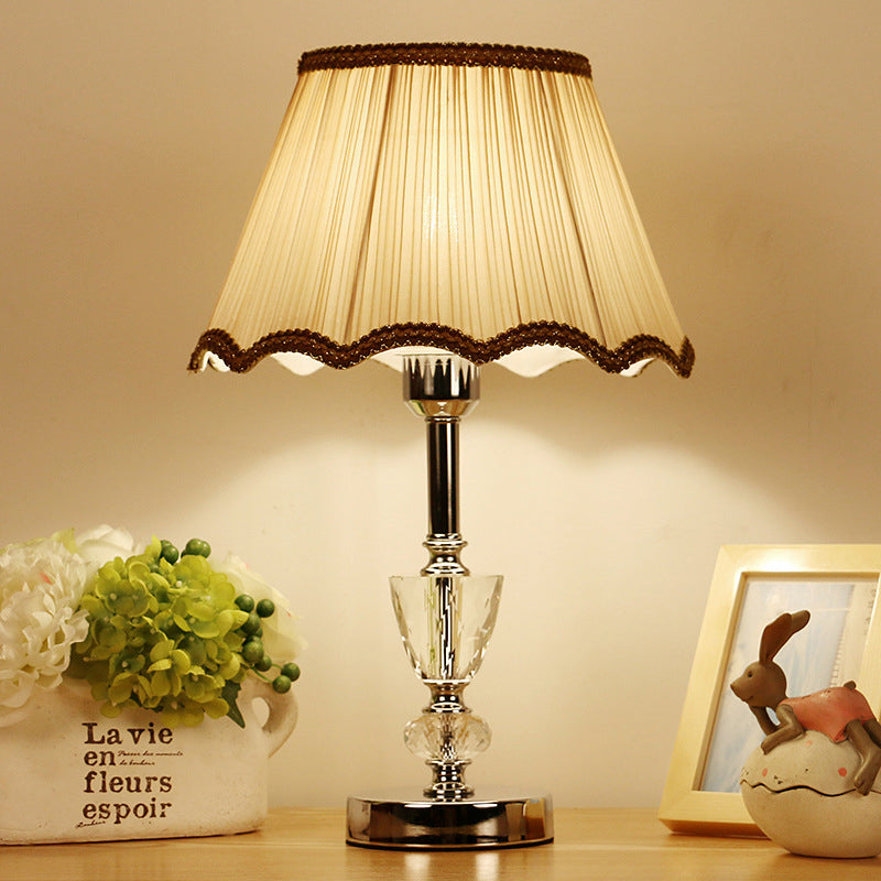 Modern Crystal 1-Light Beige Table Lamp With Gathered Empire Shade