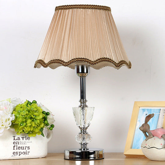 Modern Crystal 1-Light Beige Table Lamp With Gathered Empire Shade