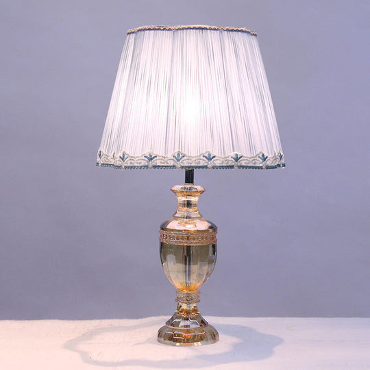 Minimalist Light Blue Urn Night Lamp With K9 Crystal & Tapered Fabric Shade - 1-Bulb Nightstand