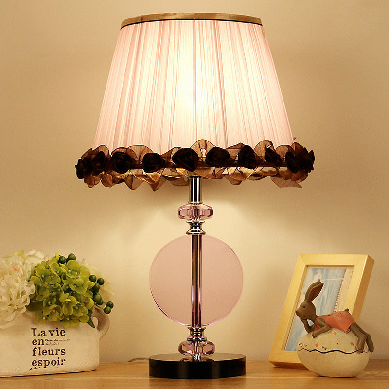 Modern Pink Nightstand Lamp With Crystal Accent And Pleated Shade