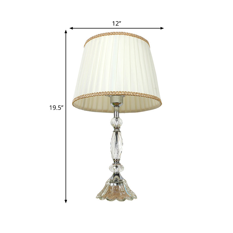 Modern Bedroom Crystal Table Lamp With Tapered Fabric Shade - White Nightstand Light