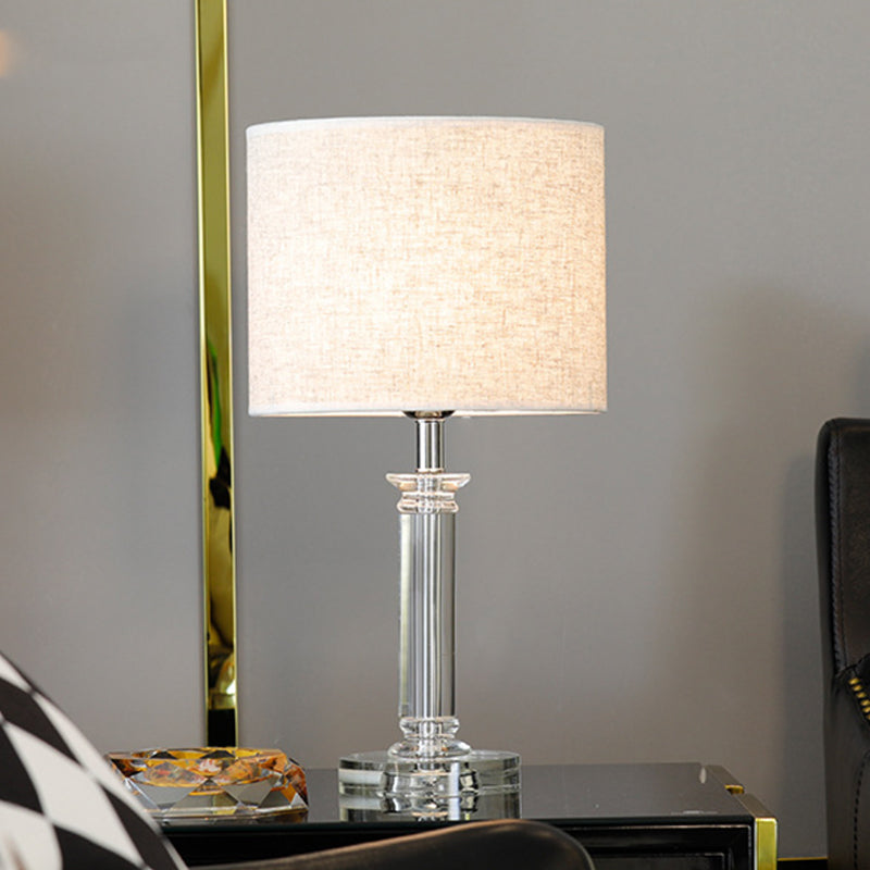 Modern Clear Crystal Drum Nightstand Lamp - 1-Light White Table Light For Living Room