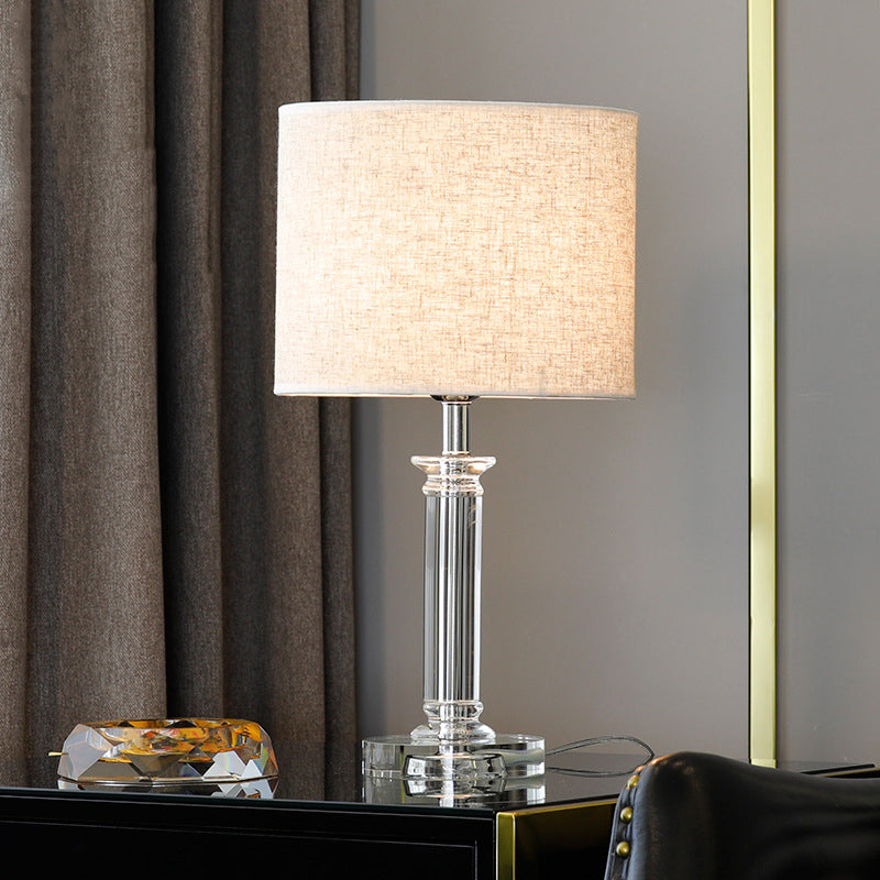 Modern Clear Crystal Drum Nightstand Lamp - 1-Light White Table Light For Living Room