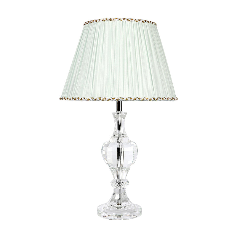 Contemporary White Pleated Shade Table Lamp With Beveled Crystal Prism Nightstand Light