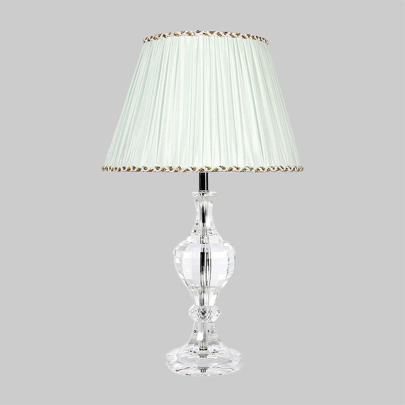 Contemporary White Pleated Shade Table Lamp With Beveled Crystal Prism Nightstand Light