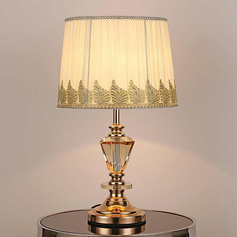Modern Beige Barrel Bedside Lamp With Fabric Shade - 1 Bulb Task Lighting