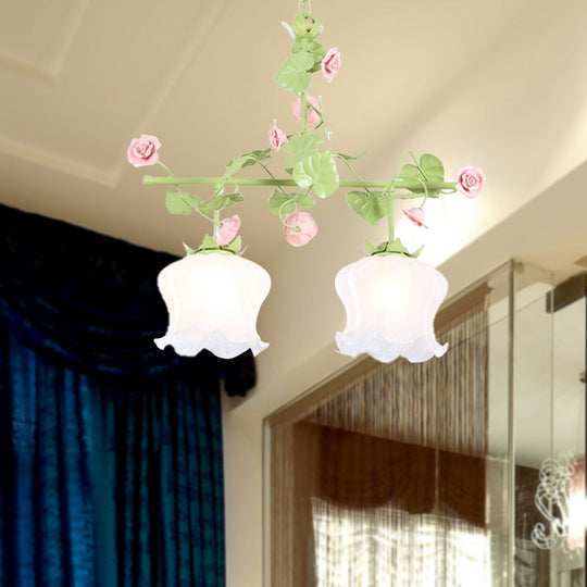 Korean Garden Floral Living Room Island Lamp With White Glass Shades Green Hanging Light Fixture (2