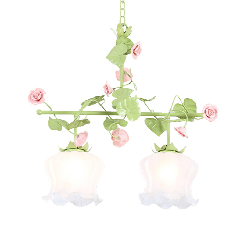 Korean Garden Hanging Light Fixture with White Glass and Floral Design