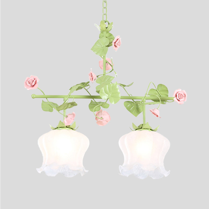 Korean Garden Hanging Light Fixture with White Glass and Floral Design