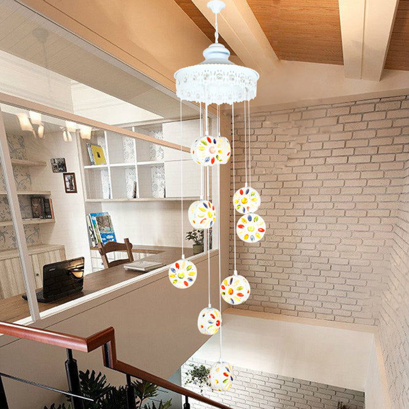 Metal White Cluster Pendant Light - Circular 9 Heads Traditional Ceiling Lamp For Living Room
