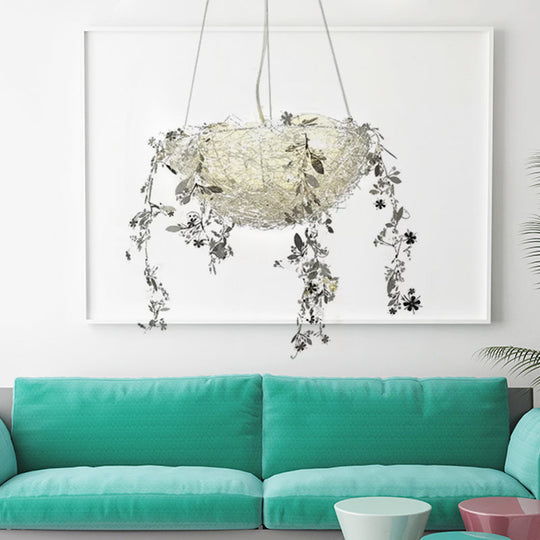 Nest Metal Chandelier Art Deco Ceiling Light With 4 Silver/Gold Lights And Milk Glass Globe Shade