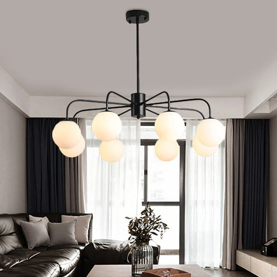 Modern White Glass Globe Chandelier with Radial Design - 6/8/10 Lights, Hanging Ceiling Light, Curved Arm