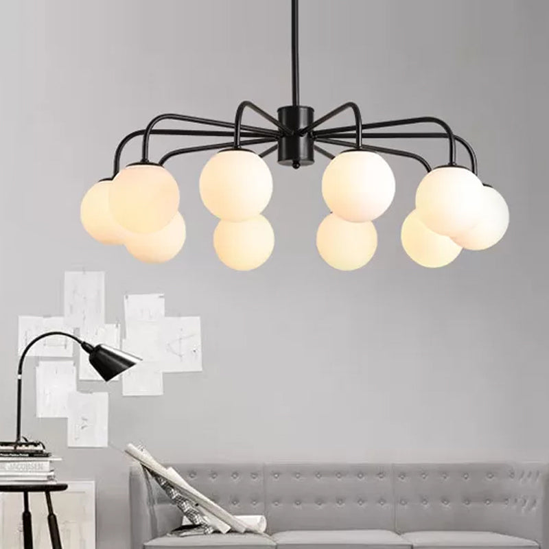 Modern White Glass Globe Chandelier with Radial Design - 6/8/10 Lights, Hanging Ceiling Light, Curved Arm