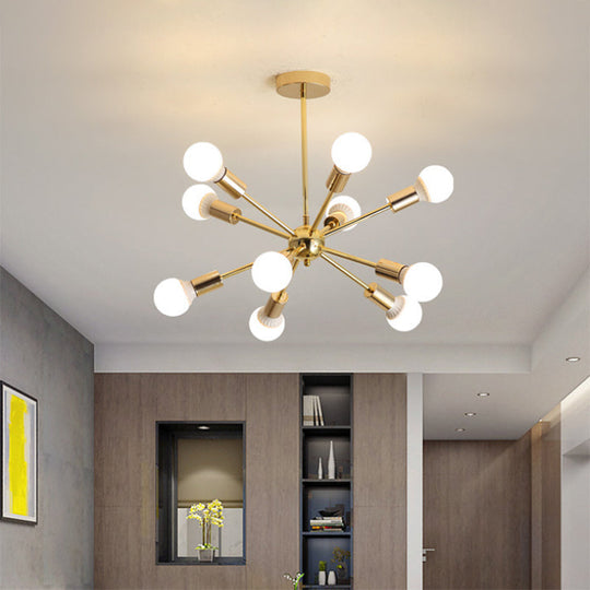 Modernist Metal Starburst Chandelier Light - 26"/38.5" Wide, Gold, 6/10/12 Lights - Hanging Ceiling Lamp with Bare Bulbs