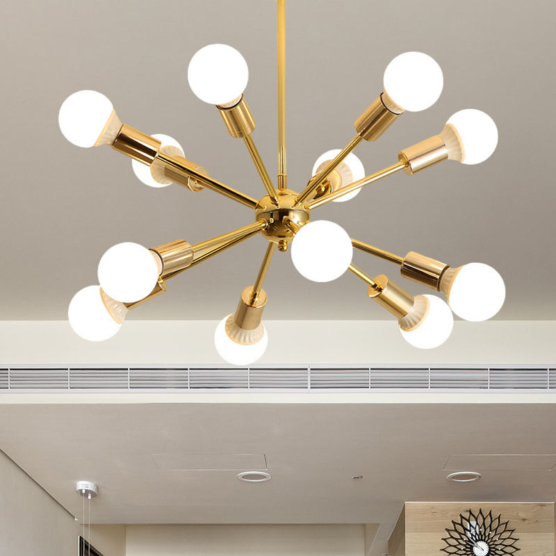 Modernist Metal Starburst Chandelier Light - 26"/38.5" Wide, Gold, 6/10/12 Lights - Hanging Ceiling Lamp with Bare Bulbs