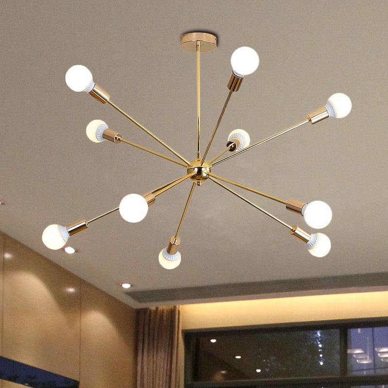 Modernist Metal Starburst Chandelier Light - 26"/38.5" Wide, Gold, 6/10/12 Lights - Hanging Ceiling Lamp with Bare Bulbs