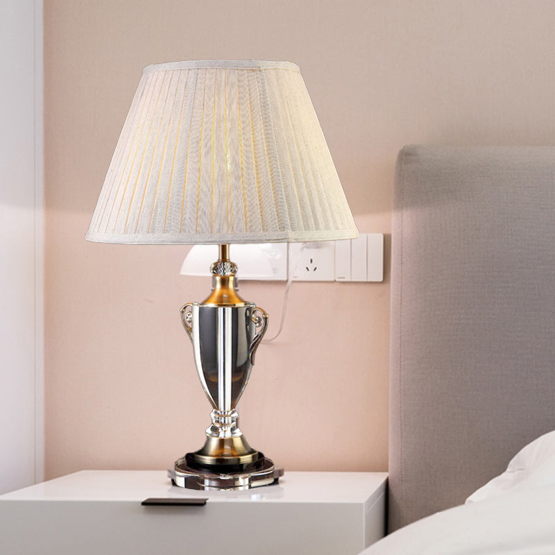 Modern Grey Fabric Nightstand Lamp With Clear Crystal Accent
