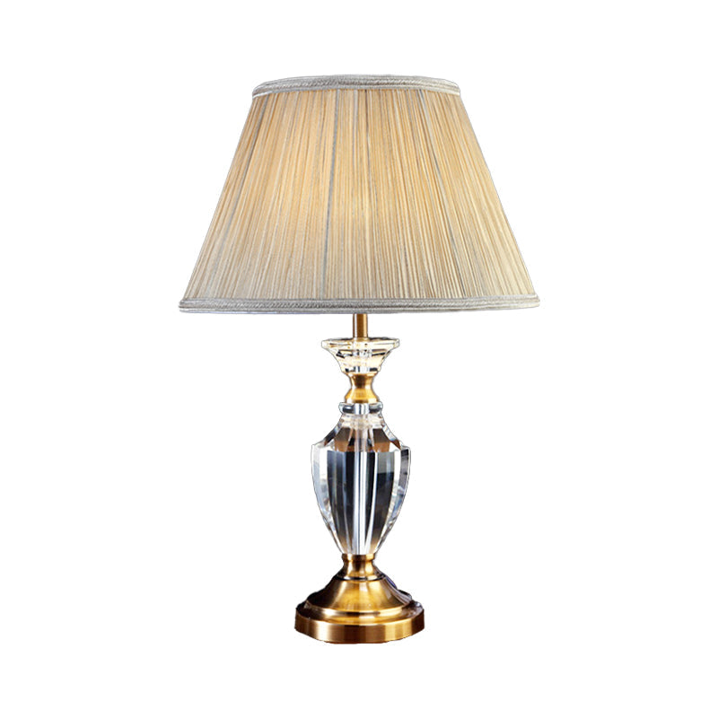 Modern Beige Urn Desk Lamp With Beveled Crystal Table Light And Fabric Shade