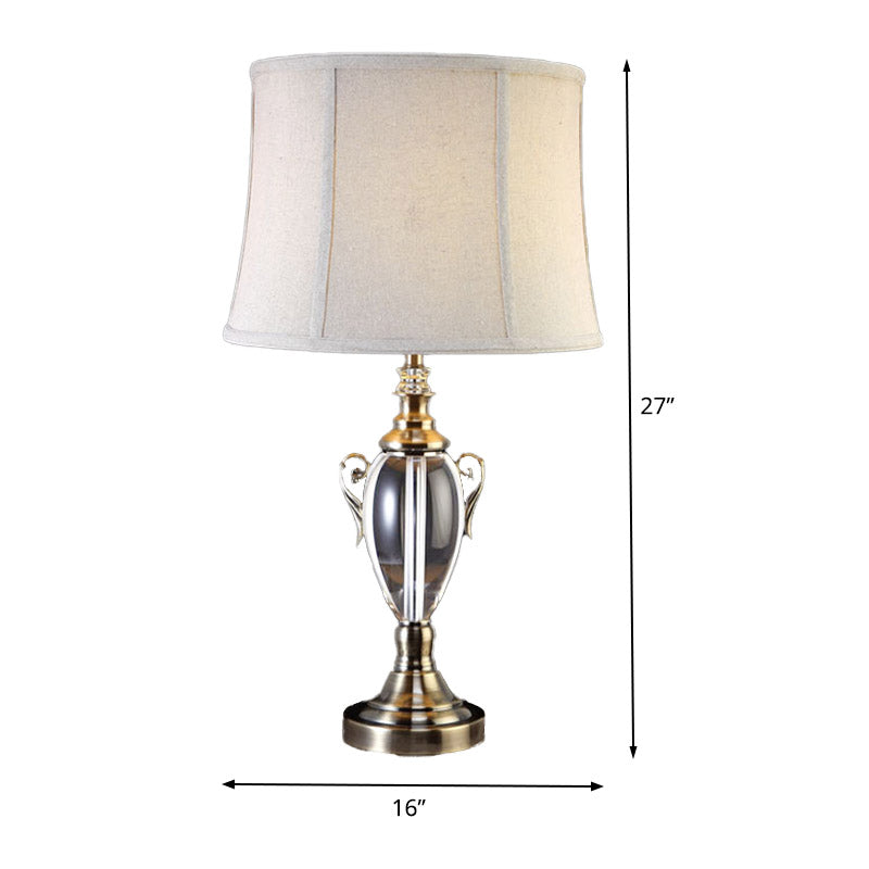 Modern Grey Barrel Shade Table Lamp For Living Room - Small Desk Light With Fabric & 1 Bulb