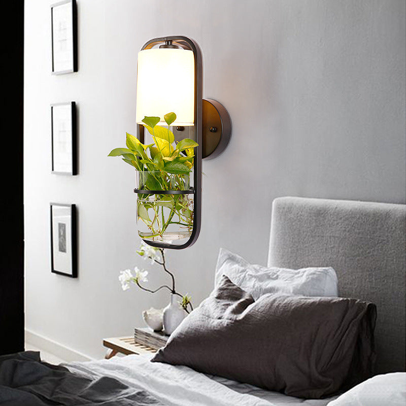 Industrial Metal Oval Led Wall Sconce With Plant Cup Black Finish - Perfect For Living Room Lighting