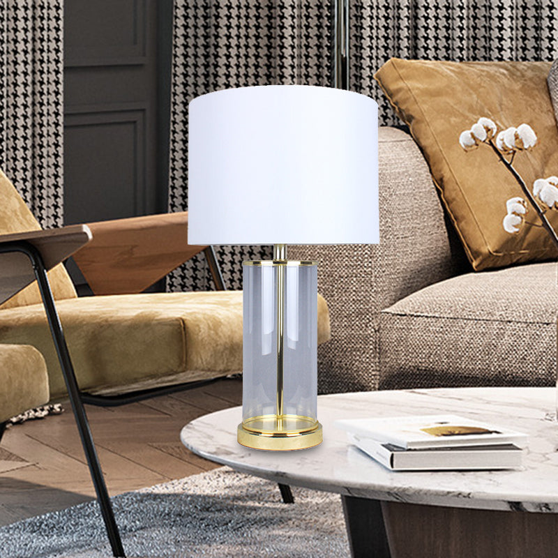 Minimalist Dining Room Table Lamp - White Desk Light With Fabric Drum Shade