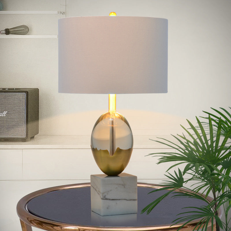 Modern Grey Nightstand Lamp: Cylindrical Fabric Task Light With Marble Pedestal