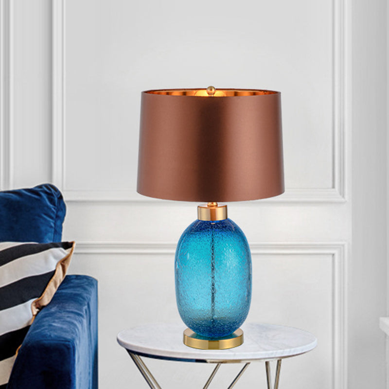 Modern Tapered Drum Task Light: Brown 1-Head Reading Lamp With Blue Oval Glazed Base