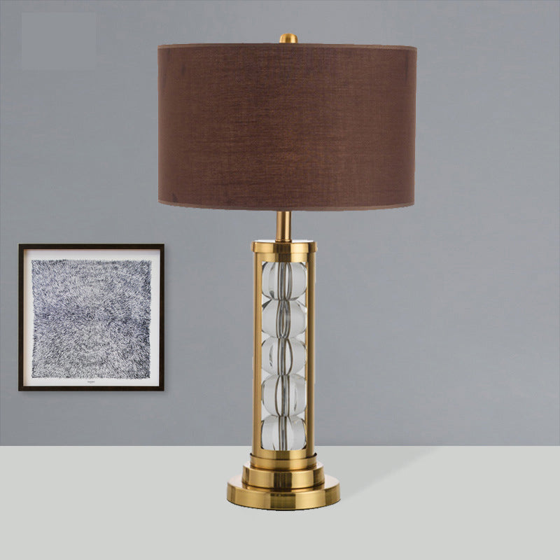Modern Global Desk Lamp With Clear Crystal Accent Brown Base And Fabric Shade