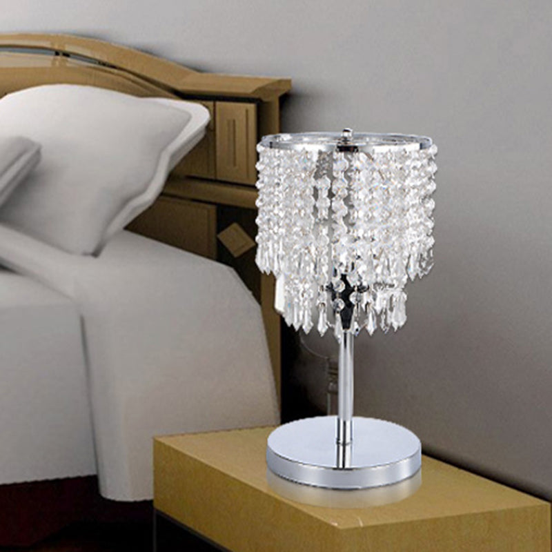 Modern Chrome Table Lamp With 2-Tier Faceted Crystal Shade - Perfect For Dining Room Desks