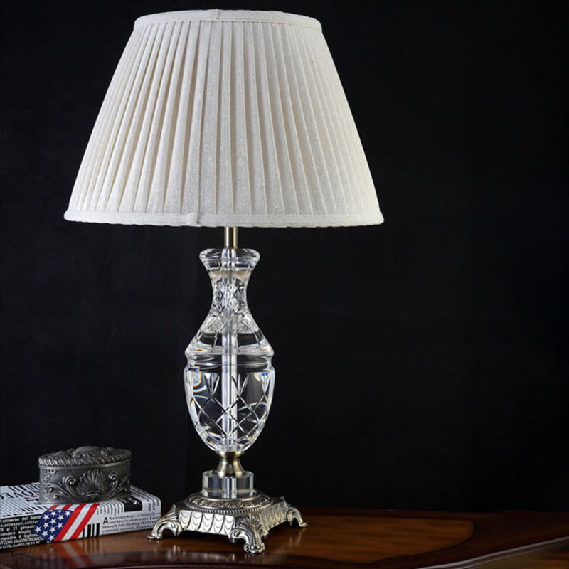 Modern Grey Fabric Shaded Desk Lamp - Carved Bronze Metallic Pedestal 1 Head Table Light