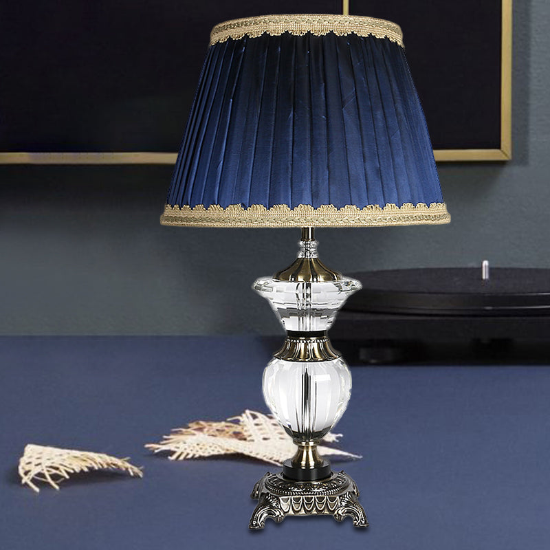 Blue Tapered Drum Crystal Desk Lamp - Modern 1 Head Night Table Light With Fabric Shade