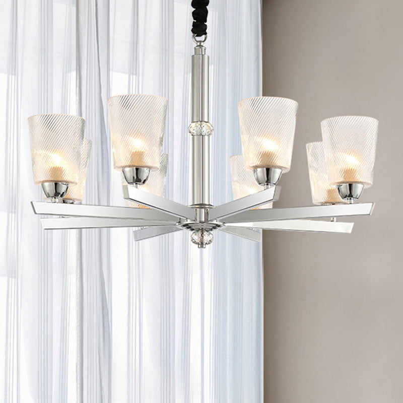 Modern Ribbed Glass Chandelier Pendant - Chrome Finish, 6 Lights for Living Room Ceiling
