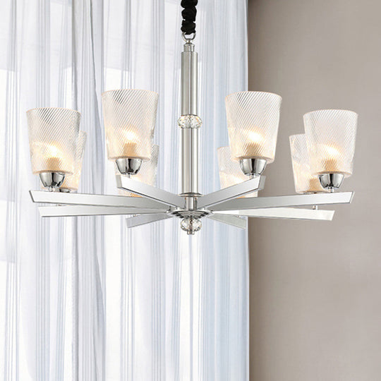 Modern Ribbed Glass 6-Light Chrome Chandelier Pendant - Cup Up Design For Living Room Ceiling Lamp