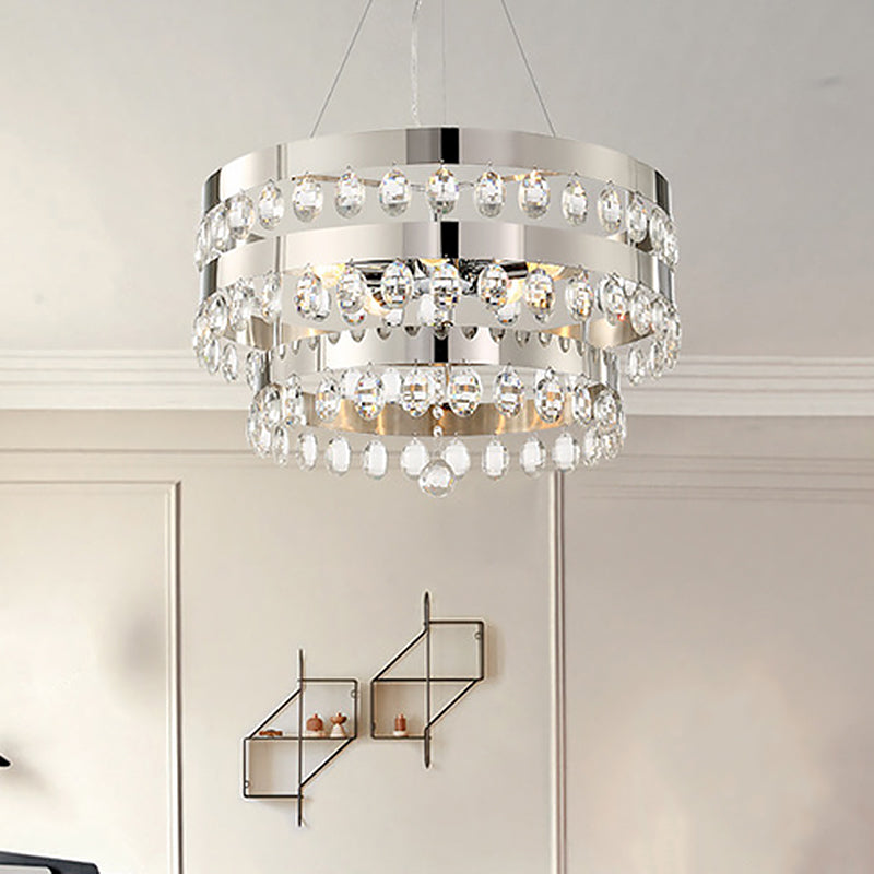 Contemporary Crystal Multi-Layer Chandelier Pendant with 5 Lights - Silver Suspension Lamp for Living Room