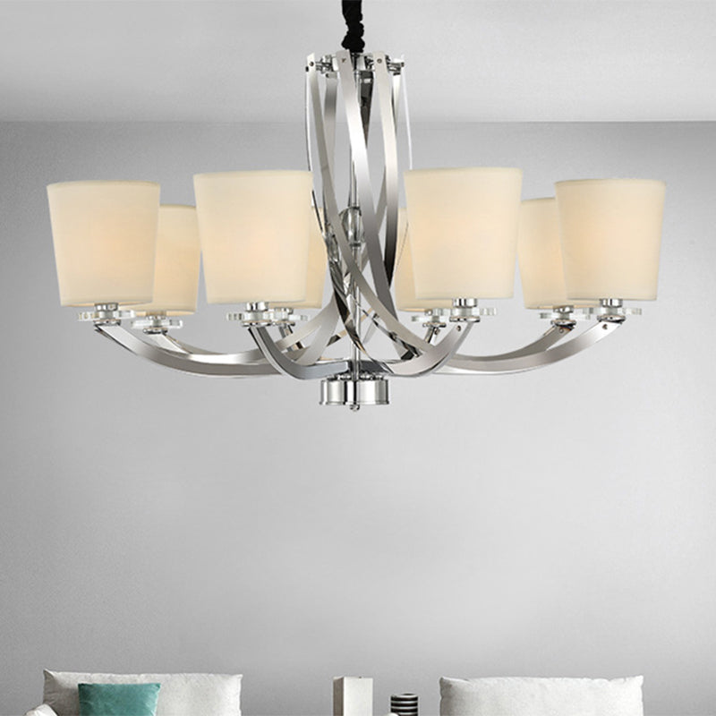 6-Light Silver Cylinder Chandelier with Fabric Shade - Simple Iron Pendant Lighting Fixture