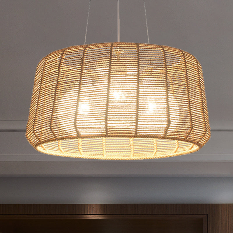 Modern Wood Hanging Pendant Lamp - Rope Drum/Teardrop Design For Living Room / A