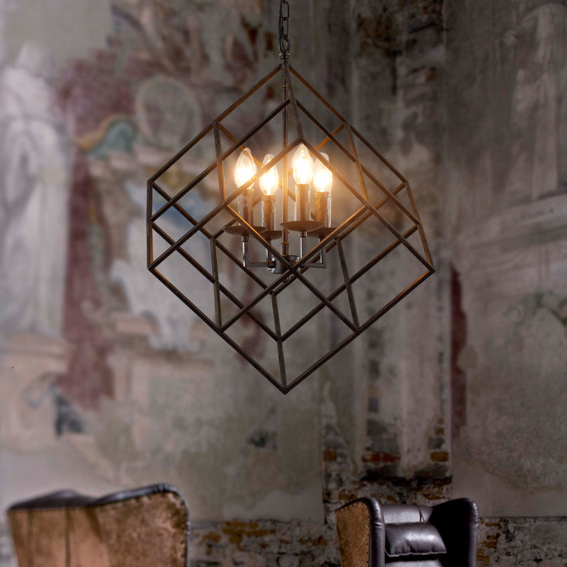 Black Industrial Metal Wire Square Chandelier Light - 4 Lights for Restaurant Ceiling