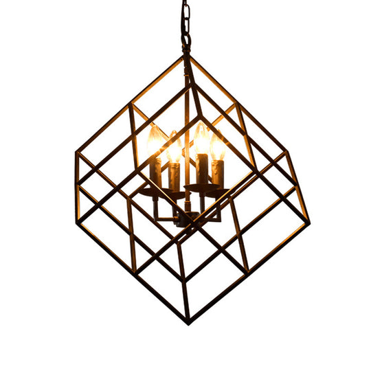 Black Industrial Square Chandelier Light - 4 Lights Metal Wire Hanging Ceiling For Restaurants