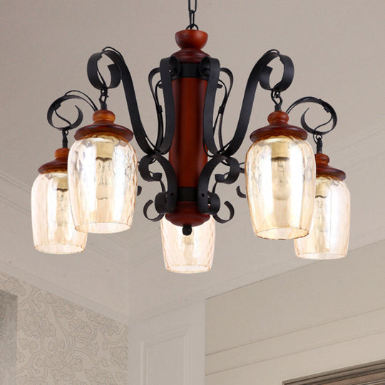 5-Light Cylinder Pendant Light With Metal Chain - Country Style Ceiling Suspension In Black