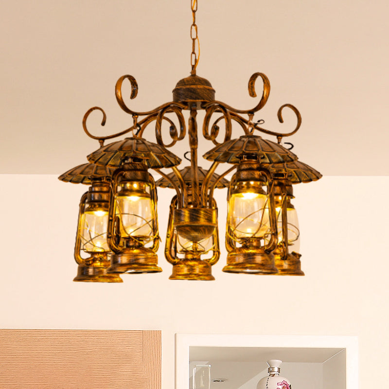 Village Style 5-Light Aged Brass Lantern Chandelier for Dining Room