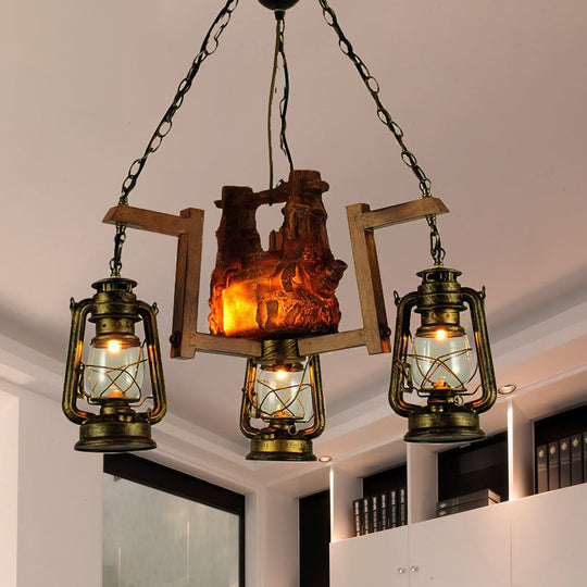Brass Metal Lantern Pendant Light - Loft Style 3-Light Chandelier For Restaurants Antique