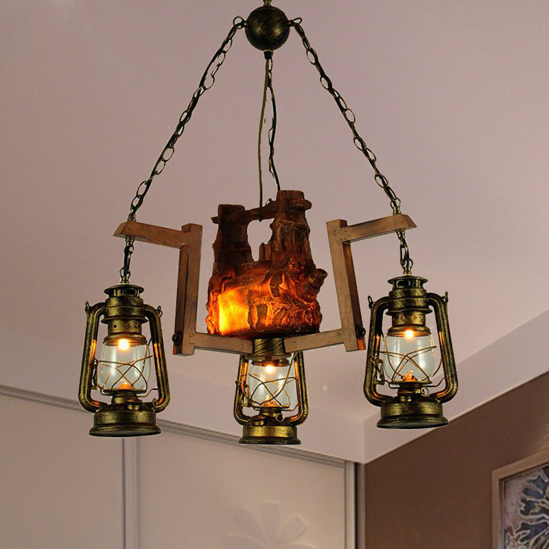 Brass Metal Lantern Pendant Light - Loft Style 3-Light Chandelier For Restaurants