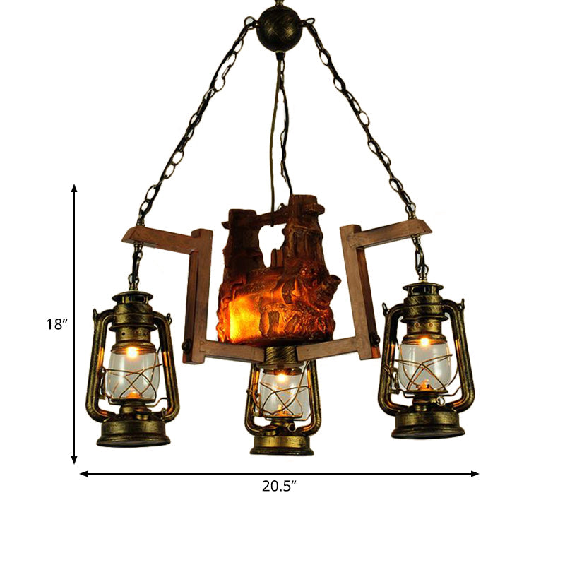 3-Light Lantern Pendant Chandelier - Loft Style Metal Aged Brass - Ideal for Restaurants