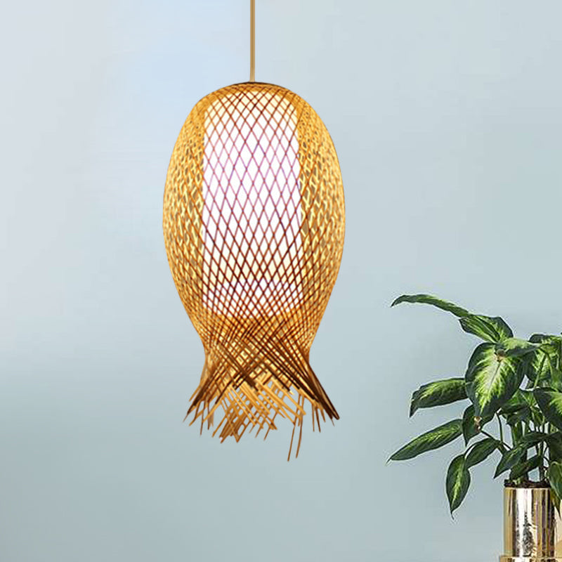 Retro Bamboo Suspension Pendant Light Kit - Barrel Design With White Shade Wood