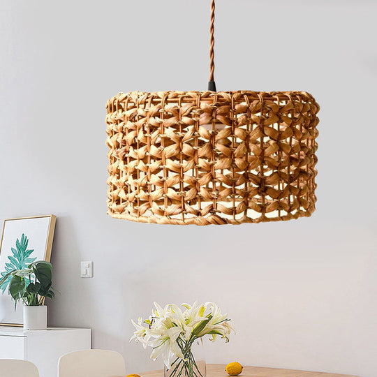 Traditional Rattan Drum Pendant: Brown Hanging Lamp Kit For Dining Room 1 Bulb