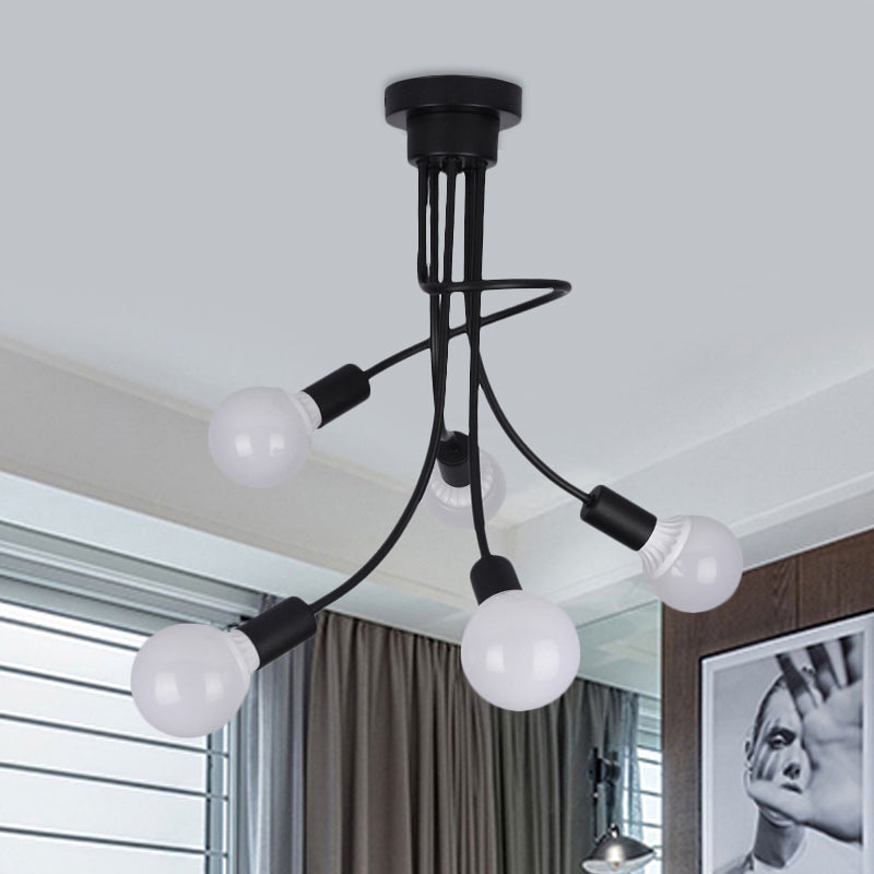 Black Metal Semi-Flush Ceiling Light With Curved Arms And 3/5 Lights - Ideal For Dining Room