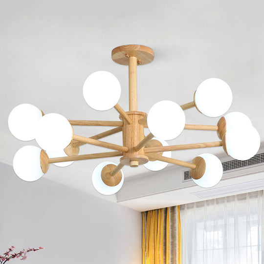 Contemporary Wooden Starburst Chandelier with Glass Ball Shade - Natural Wood Finish - 6/8/12 Lights